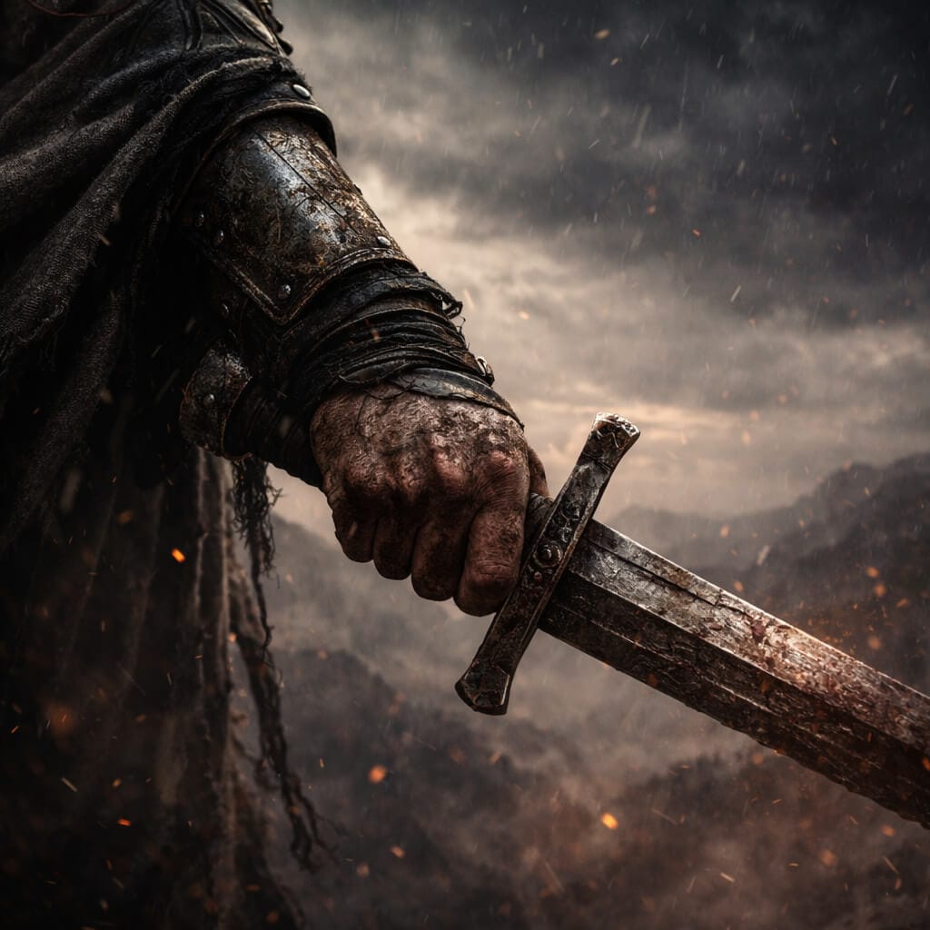 Close view of a warrior’s hand gripping a sword in storm light, representing courage through action, steadiness and resolve under pressure