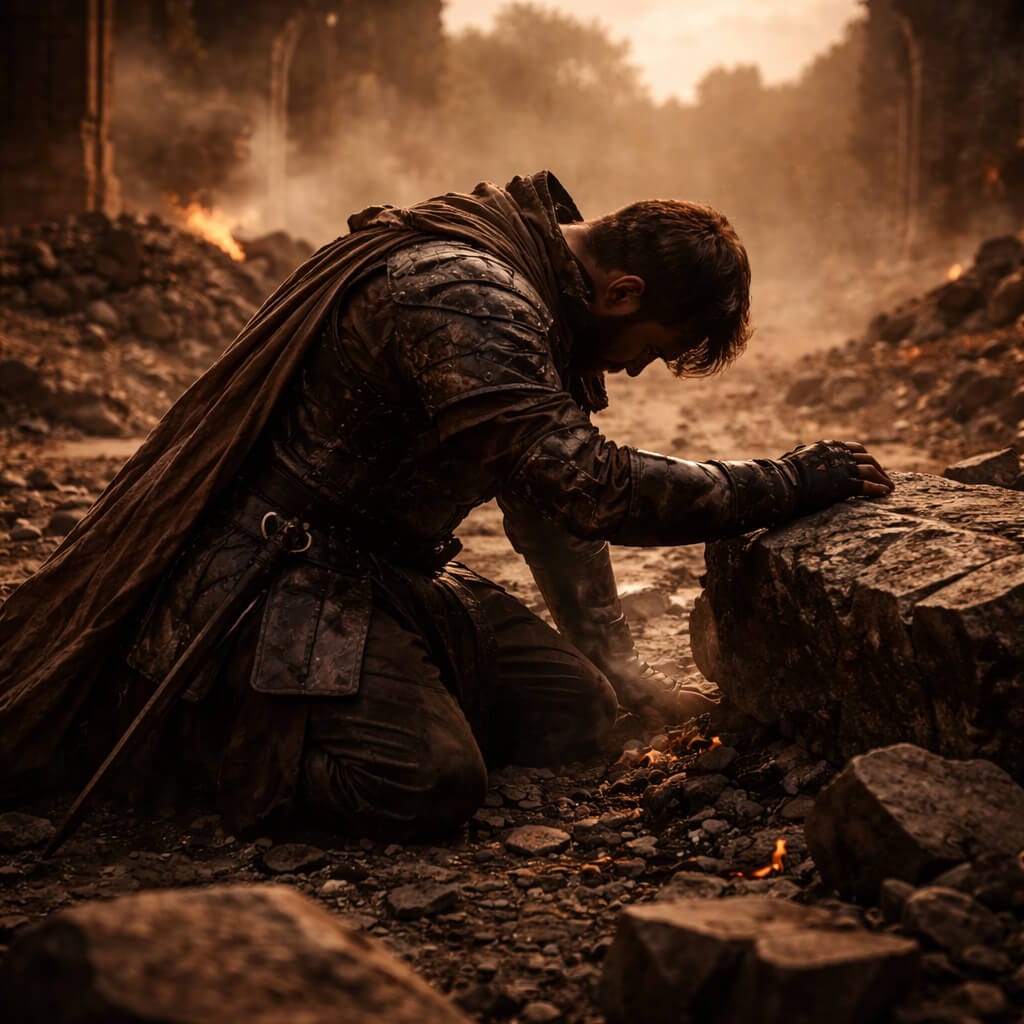 A kneeling warrior among broken ruins, representing From the Ruins through recovery, endurance and strength after hardship