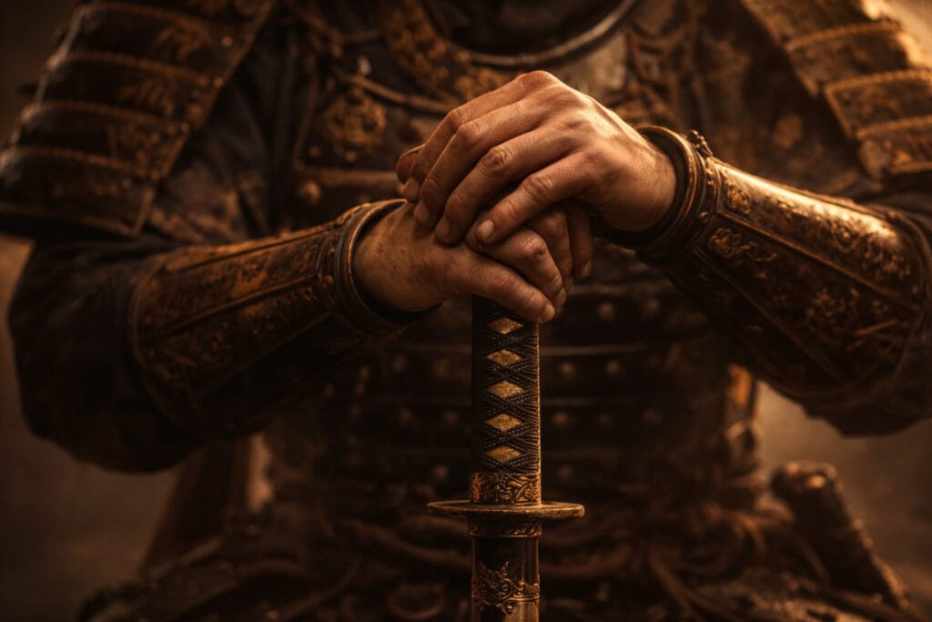Close view of a warrior’s hands resting on a katana, representing honor through truth, restraint and integrity