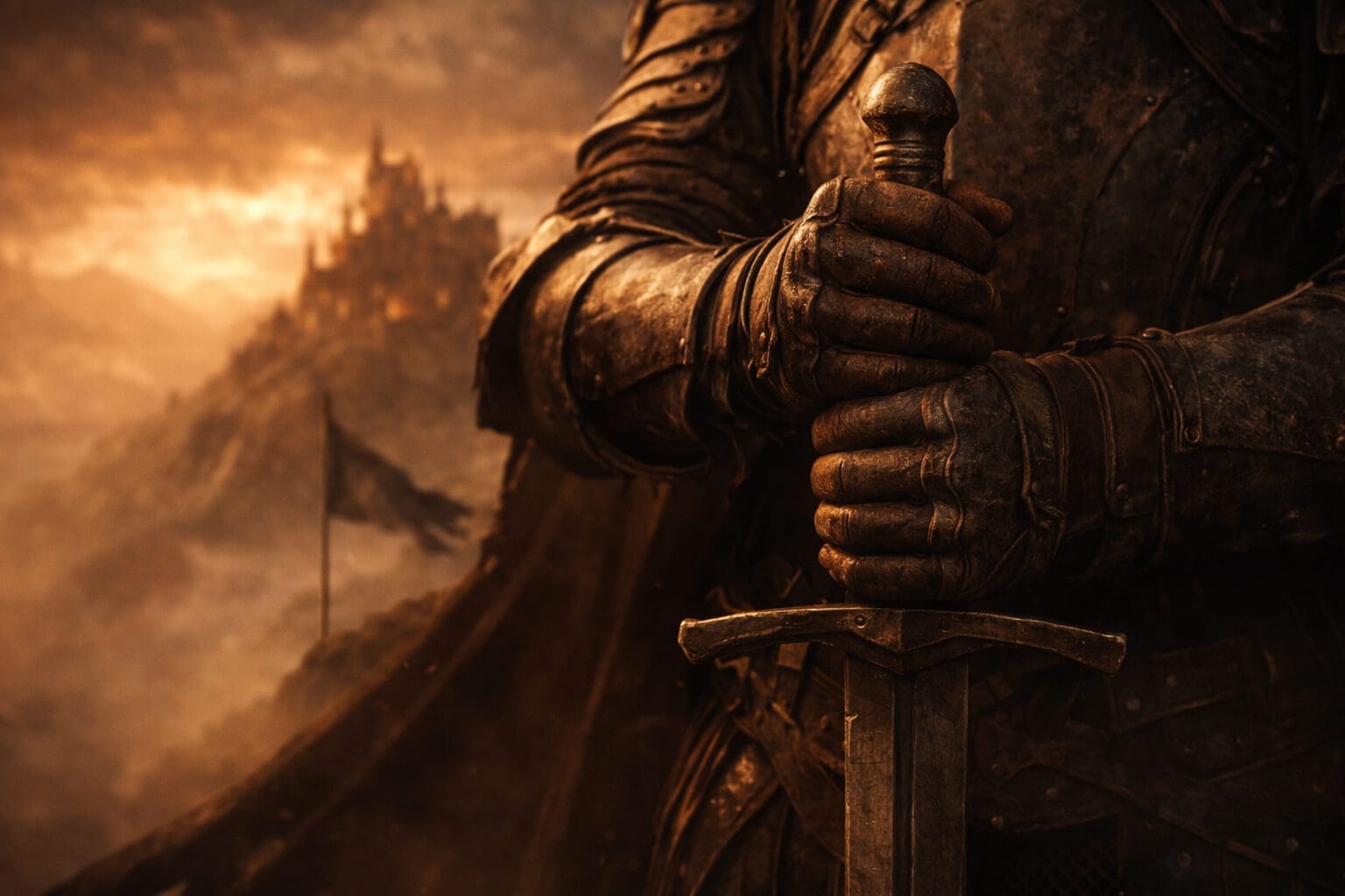 Close view of a warrior’s hands resting on a sword, with a distant stronghold behind, representing loyalty through faithfulness, duty and staying true