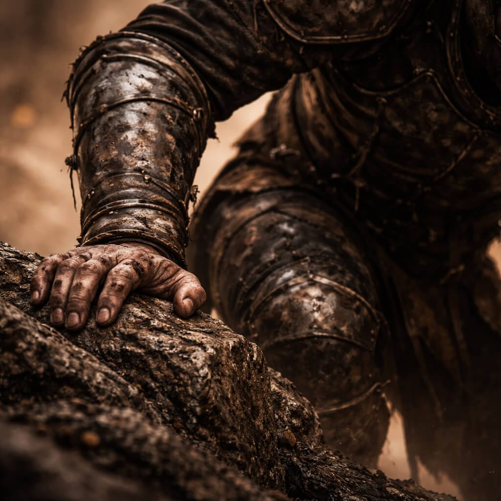 Close view of a weathered warrior’s hand bracing against stone, representing resilience through endurance, recovery and quiet strength