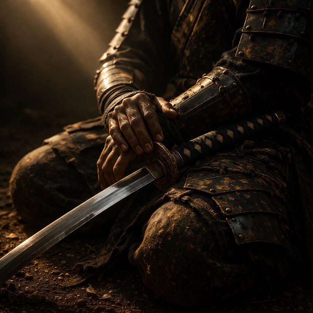 A moment of stillness, restraint and discipline at the heart of the Warrior Code. Close view of a kneeling warrior with hands resting on a katana, representing discipline, honor and daily practice