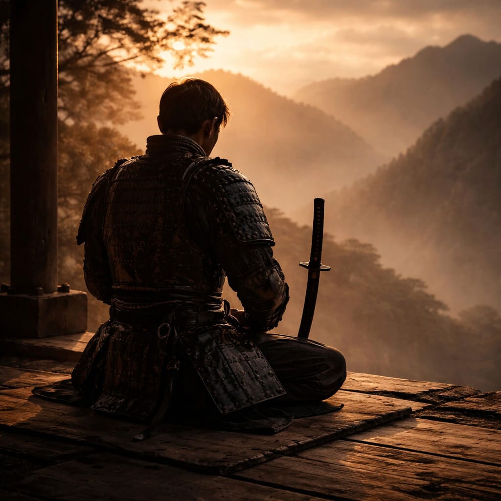 A solitary warrior seated in meditation at sunrise, representing the Warrior Path of self mastery, discipline and inner restraint